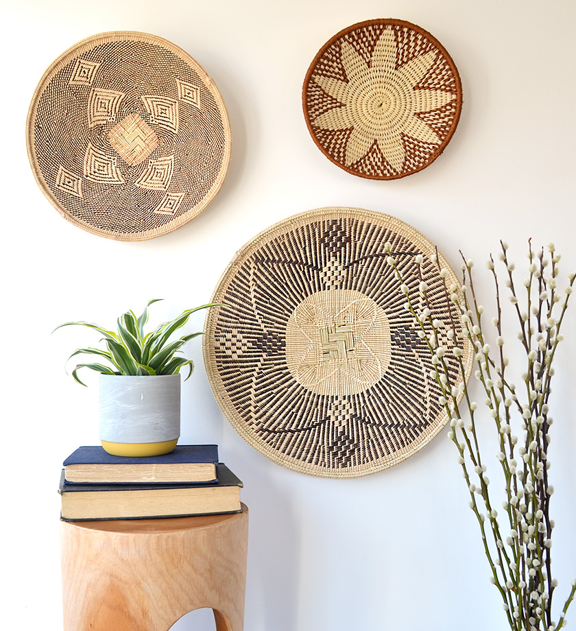 Collection of African wall baskets, displayed in a grouping of 3, handwoven from all natural materials