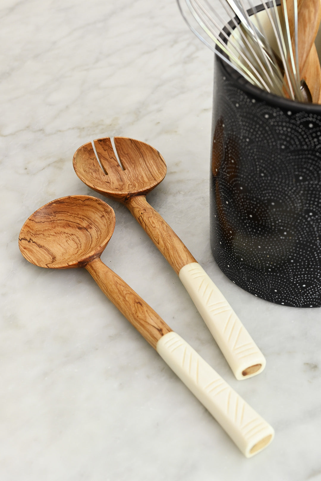 Wild Olive Wood Salad Servers with White Bone Handles