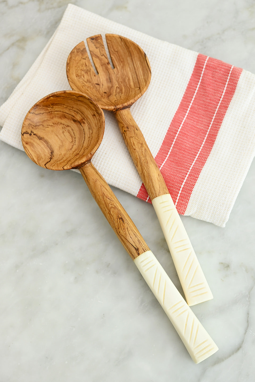 Wild Olive Wood Salad Servers with White Bone Handles