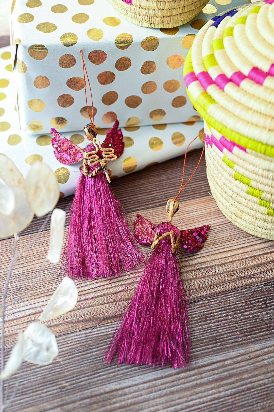 Banana Fiber & Magenta Shimmer Thread Angel Ornament