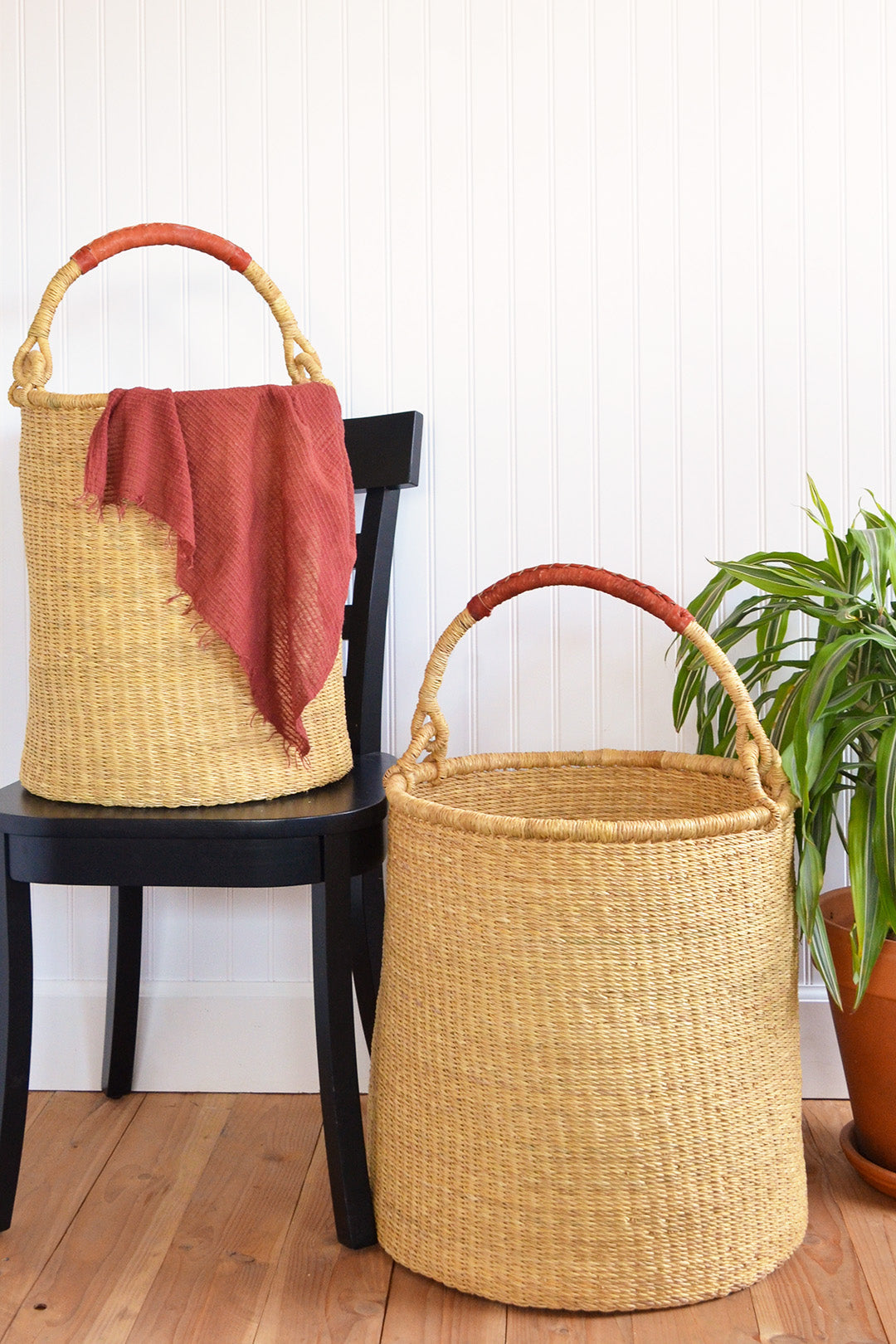 Ghanaian Woven Grass Hamper with Leather Handle (Choose Small, Large, or Set)