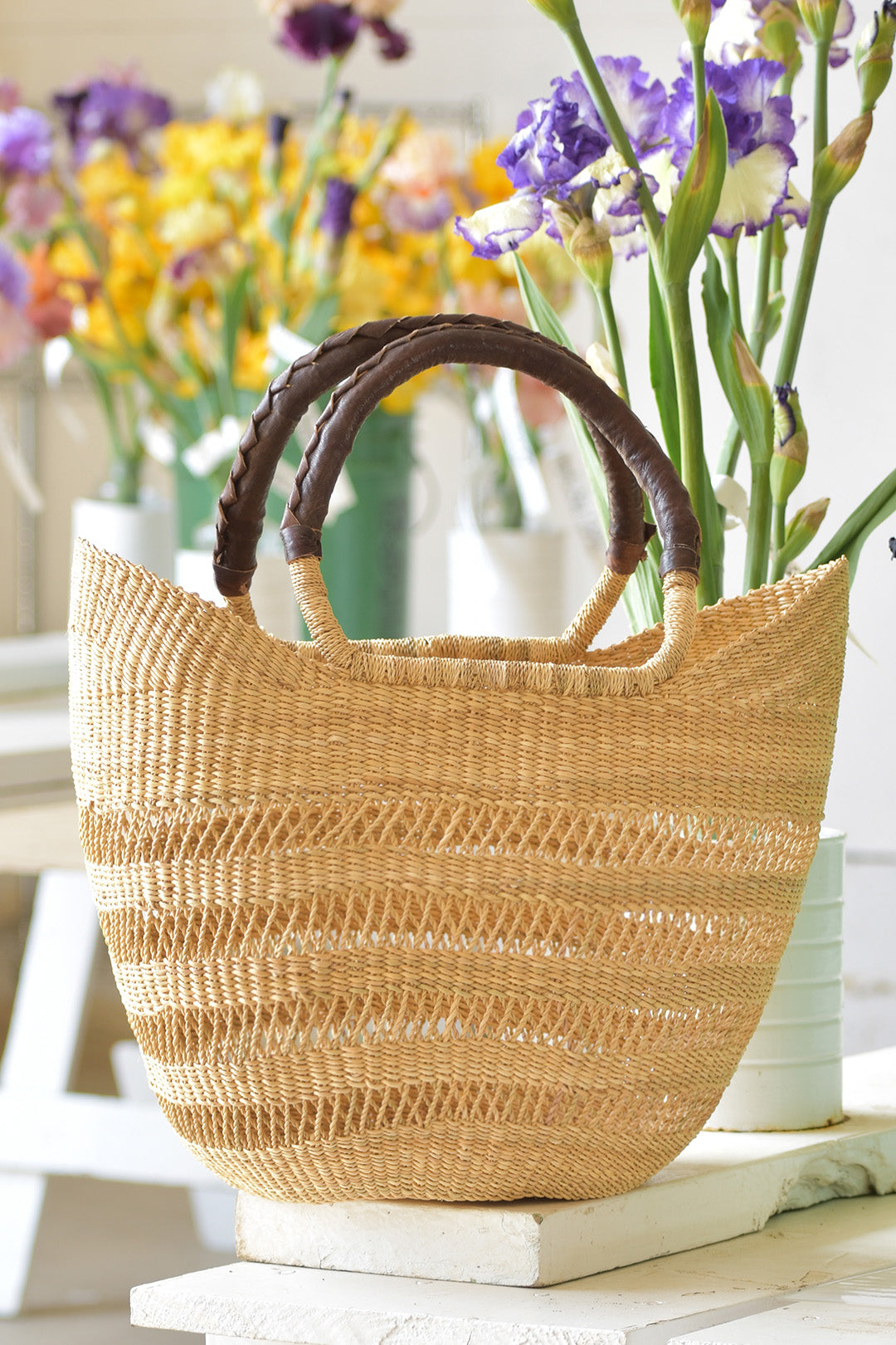 Natural Lacework Wing Shopper with Leather Handles