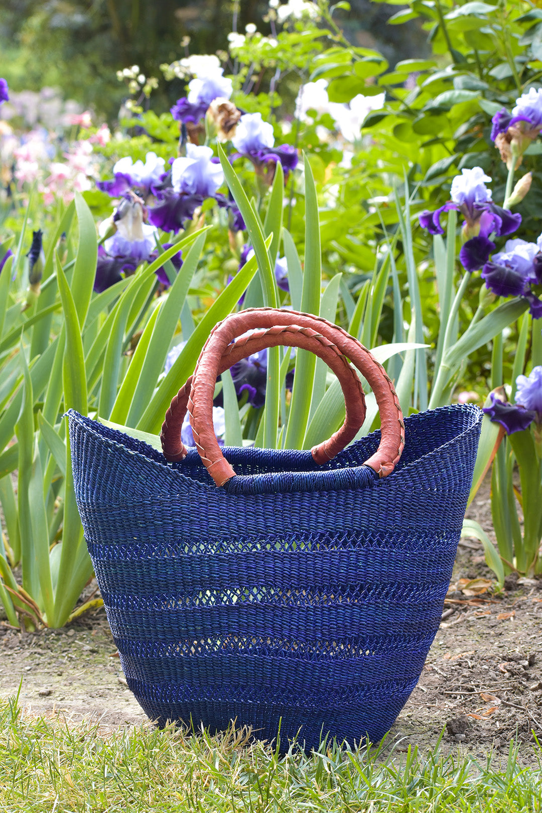 Navy Blue Lacework Wing Shopper with Leather Handles