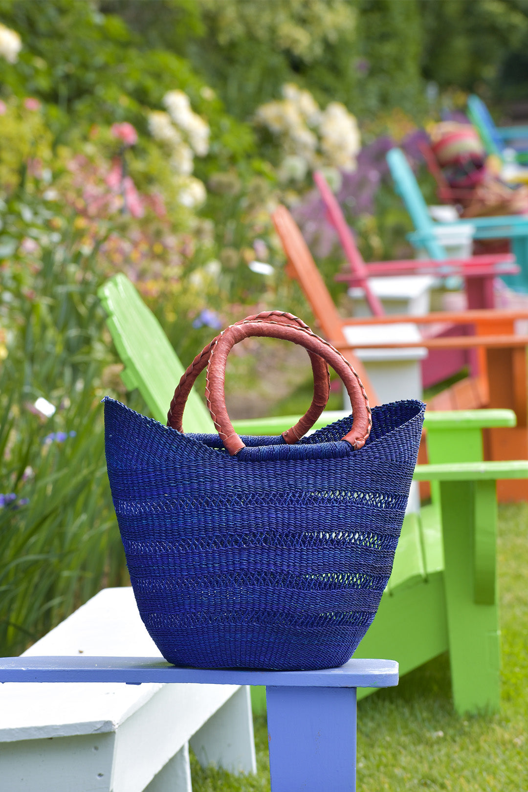 Navy Blue Lacework Wing Shopper with Leather Handles