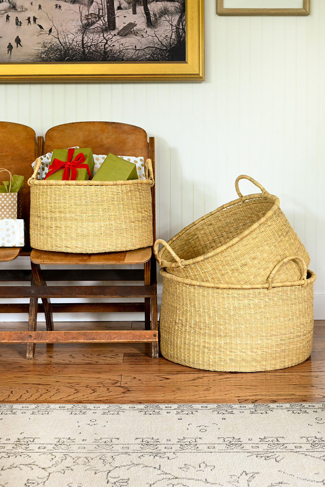 Set of 3 Large Woven Ghanaian Grass Floor Baskets