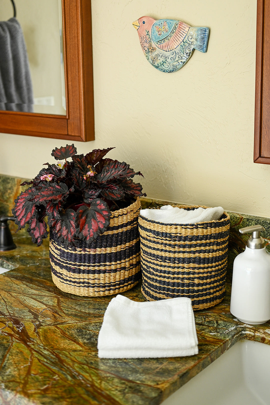 Set of 2 Striped Elephant Grass Nesting Baskets