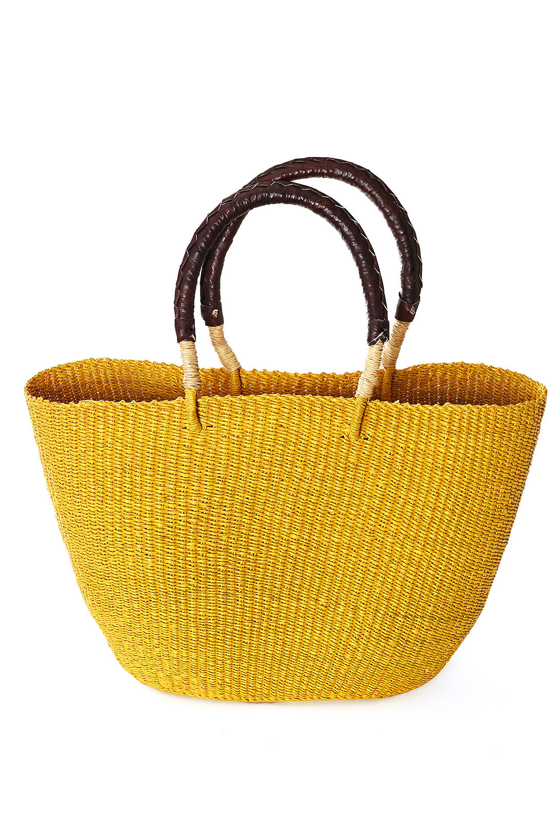 Mustard Yellow Tote Basket with Chocolate Brown Leather Handles