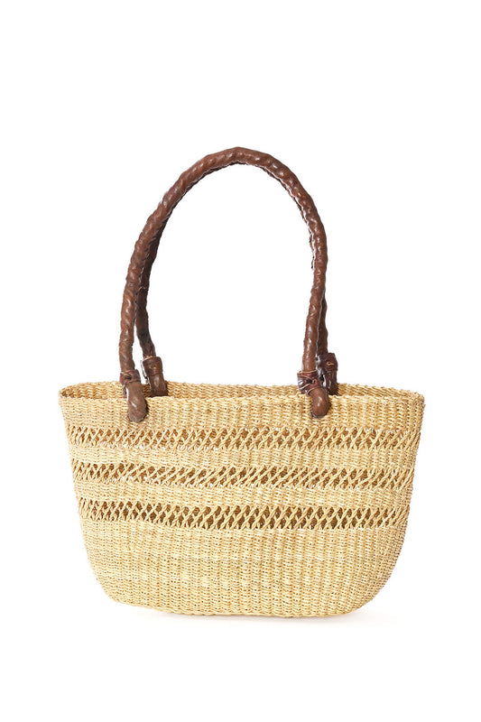 Natural Lace Weave Tote with Chocolate Brown Leather Handles