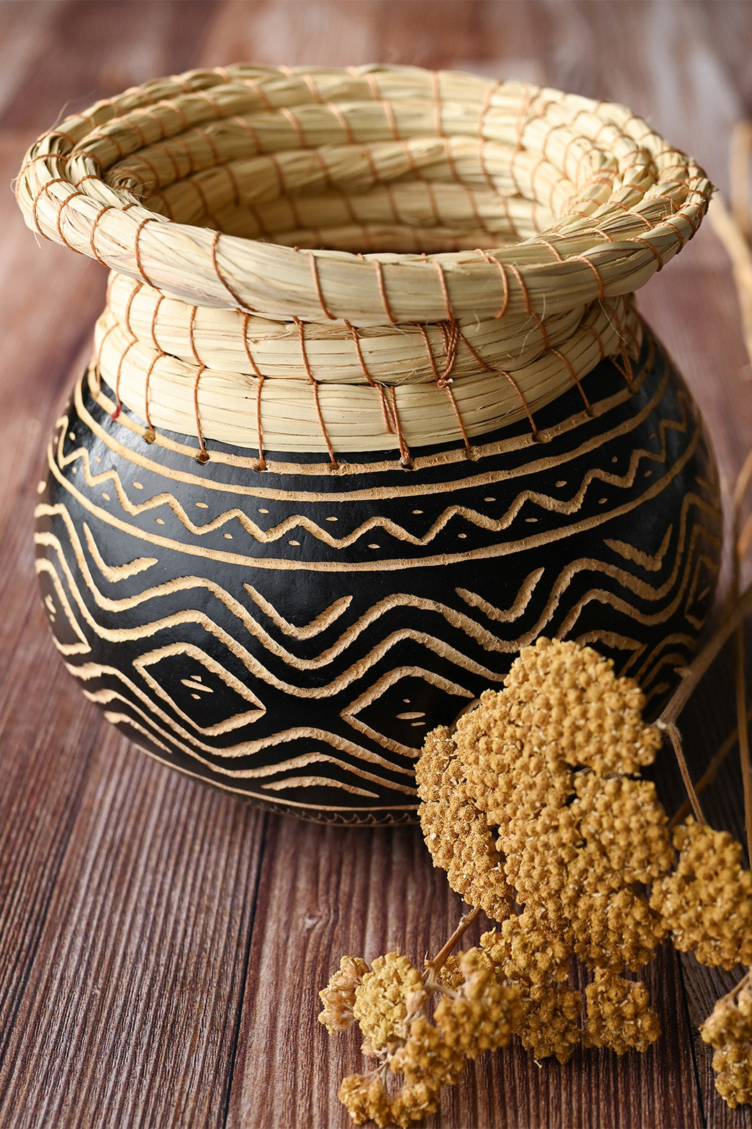 Small Carved Calabash Gourd Vessel with Basketry Rim