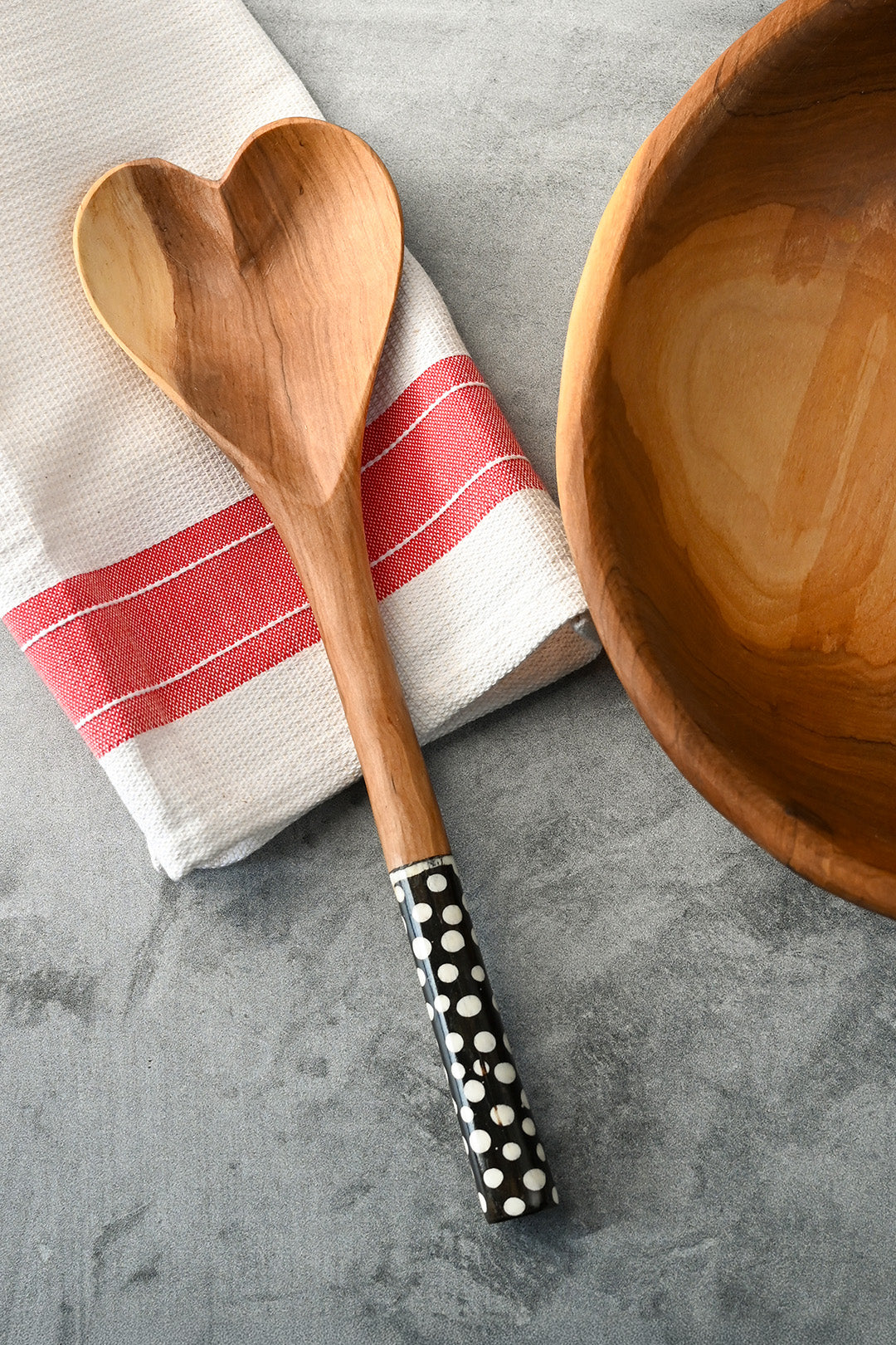 Olive Wood Heart Cooking Spoon with Batik Dot Handle