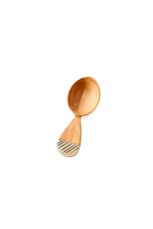 Olive Wood Fig Sugar Spoon with Etched Bone Handle