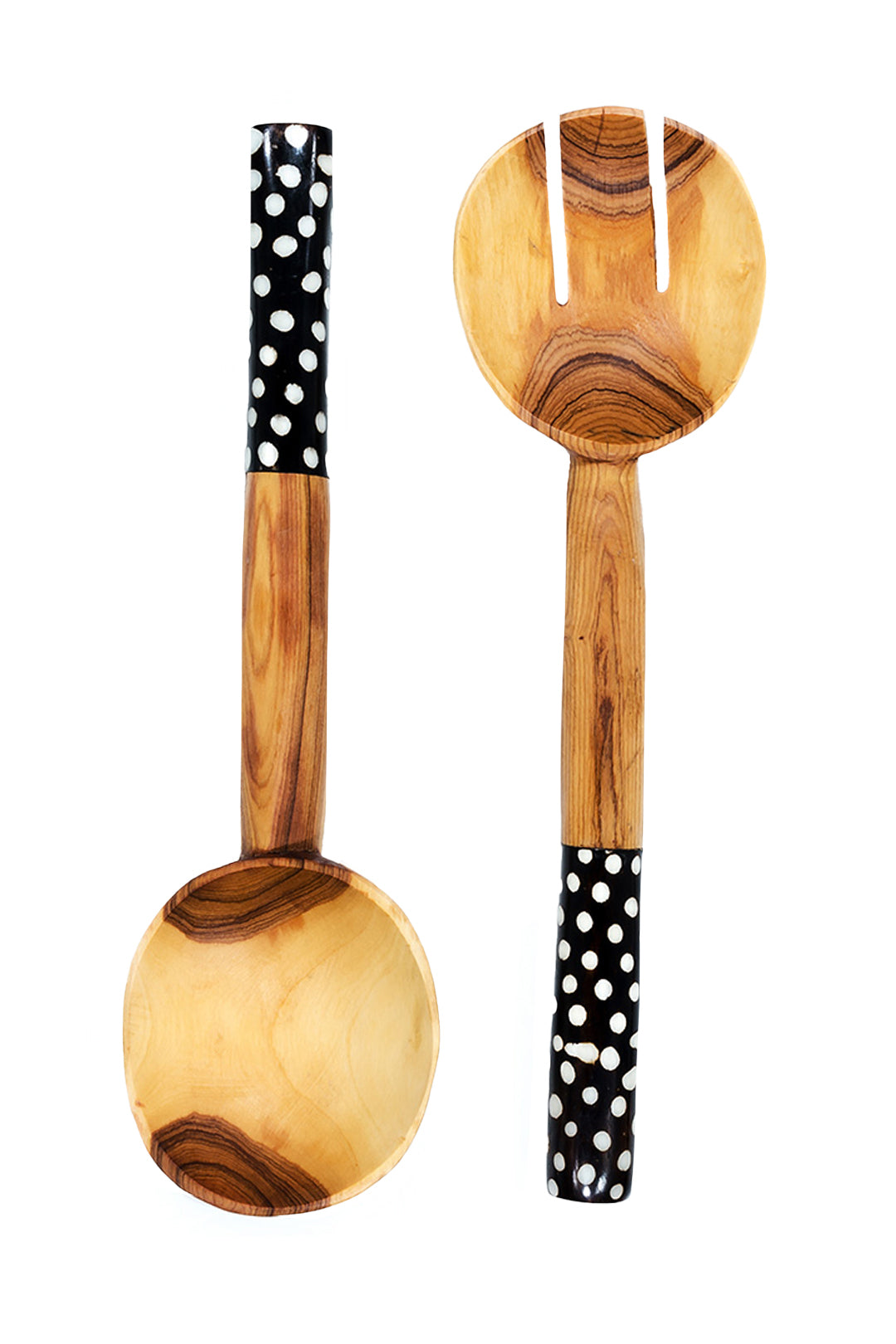 African Wood Salad Servers with Dotted Batik Handles