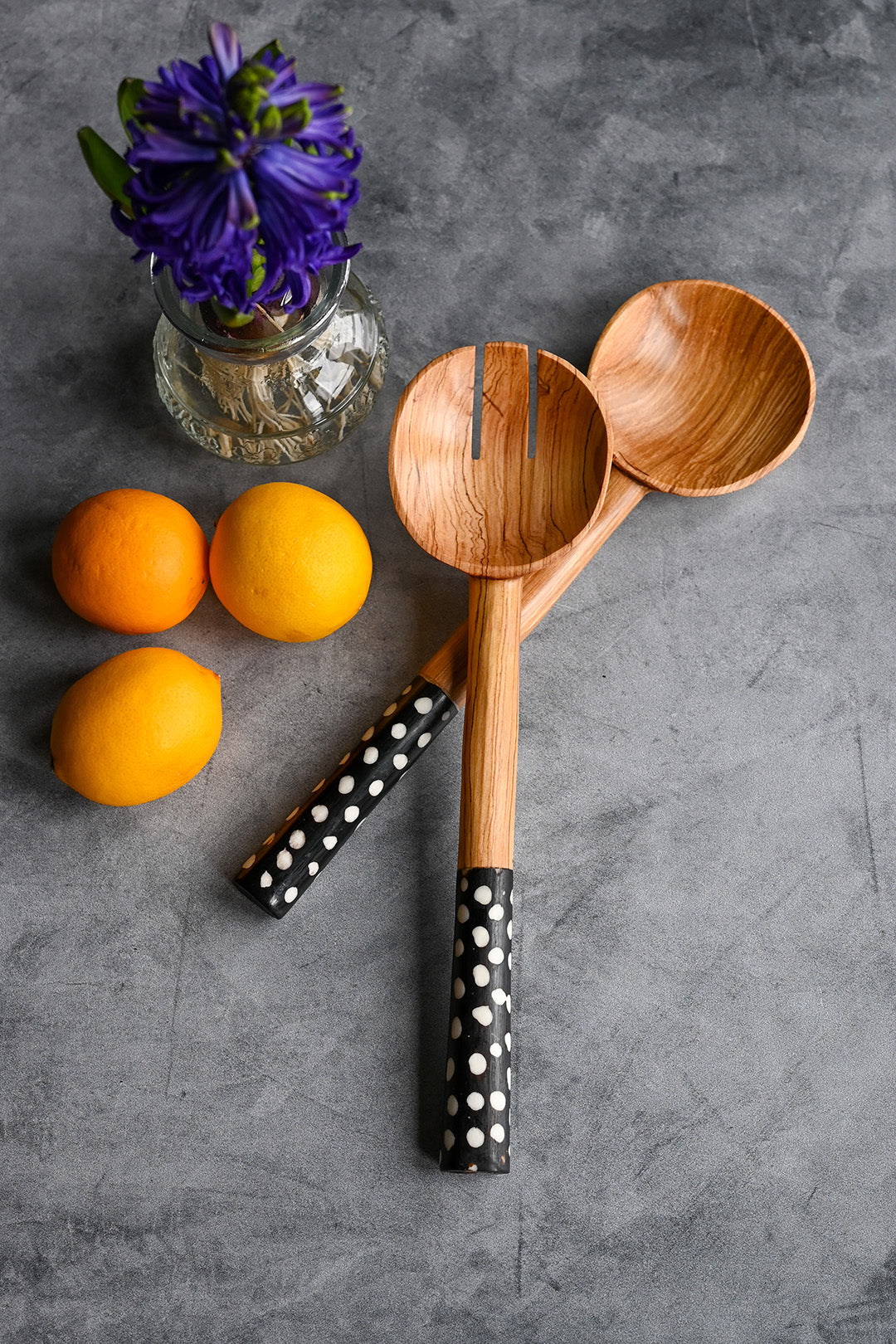 African Wood Salad Servers with Dotted Batik Handles