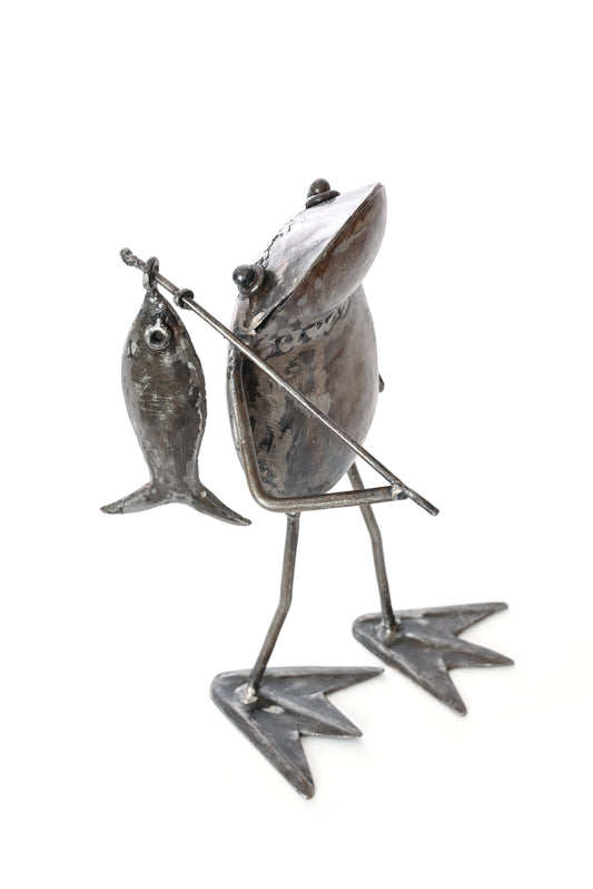 Metal Fishing Frog Sculpture