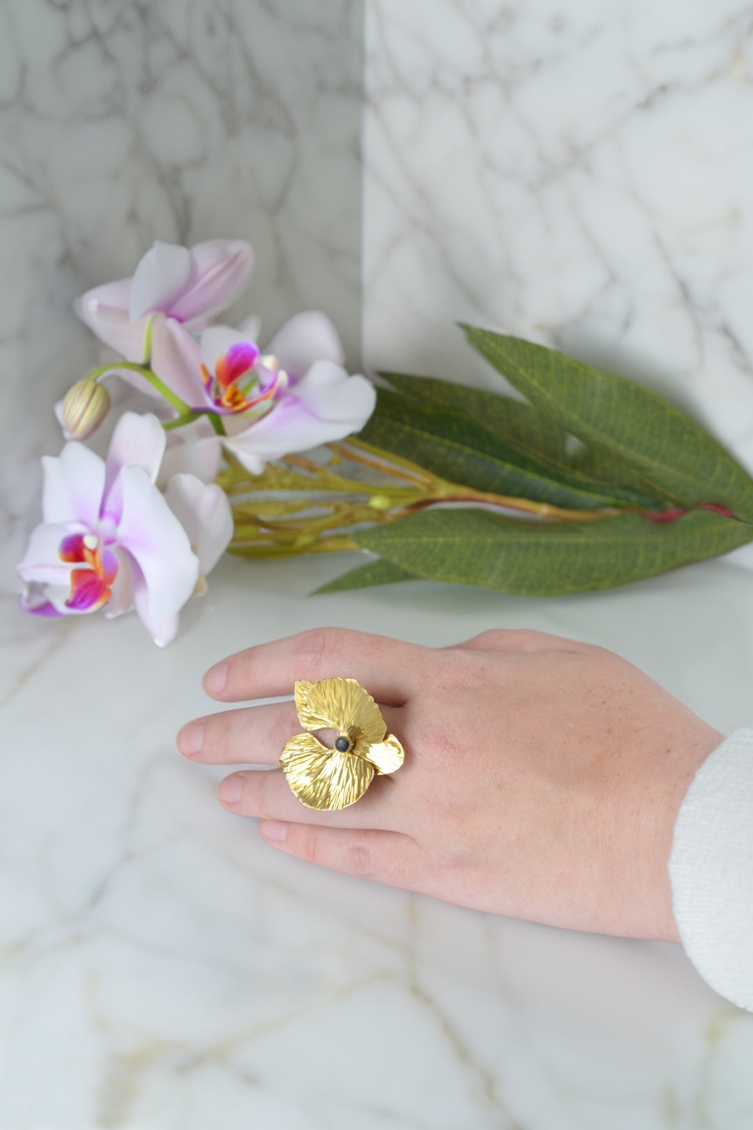 Kenyan Brass & Cow Horn Orchid Ring