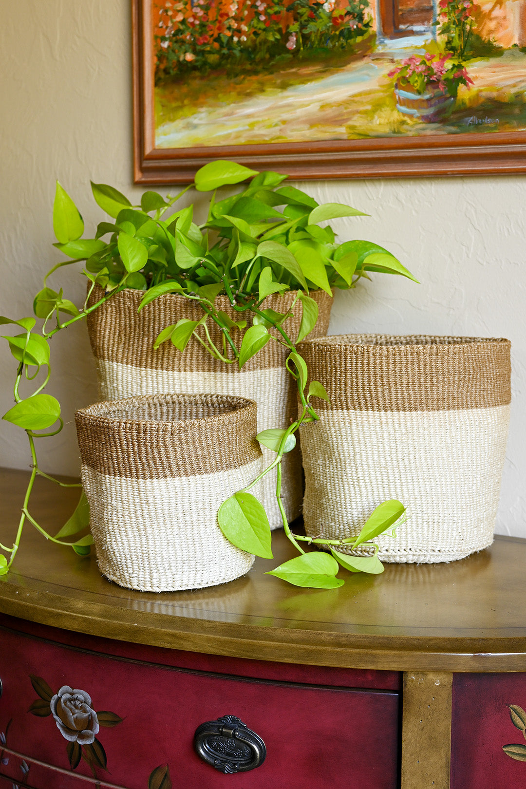 Khaki and Cream Sisal Basket Set of 3