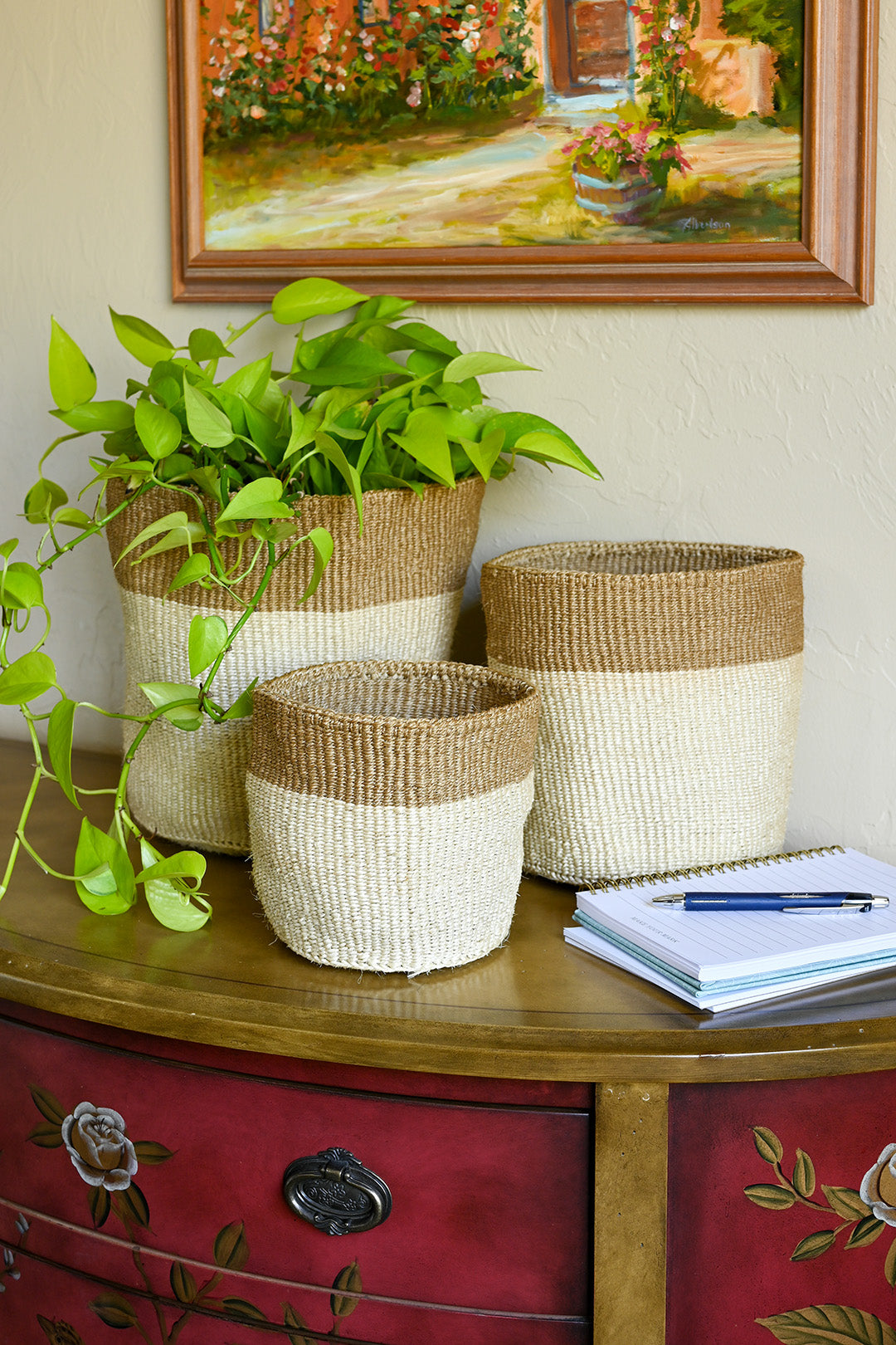 Khaki and Cream Sisal Basket Set of 3