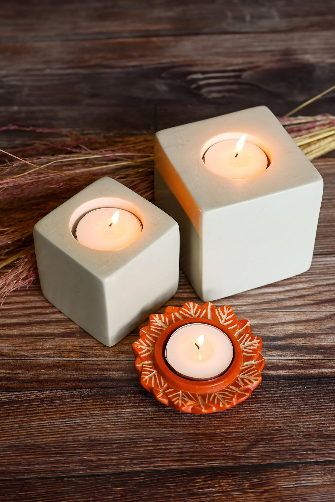 Natural Cube Soapstone Reversible Candle Holders