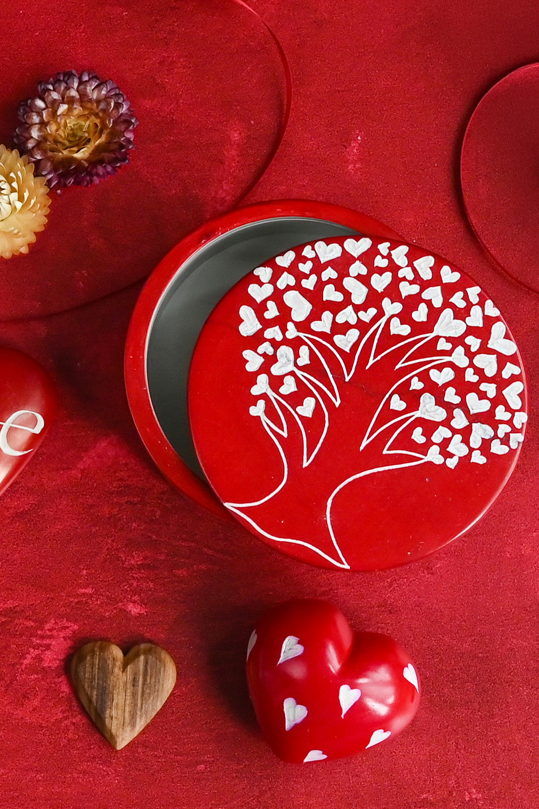 Red Tree of Hearts Soapstone Desktop Box