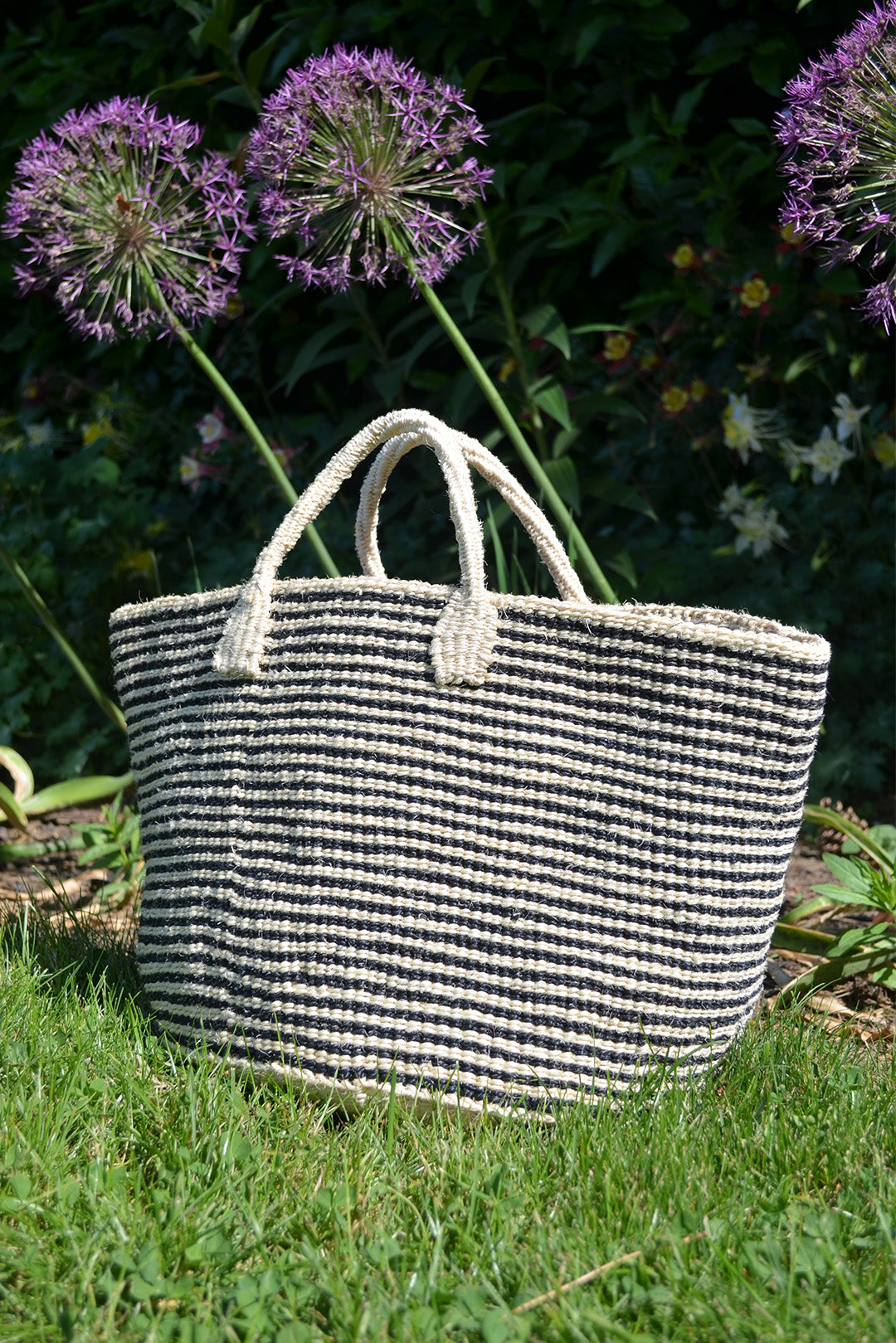 Black & White Skinny Stripe Sisal Tote