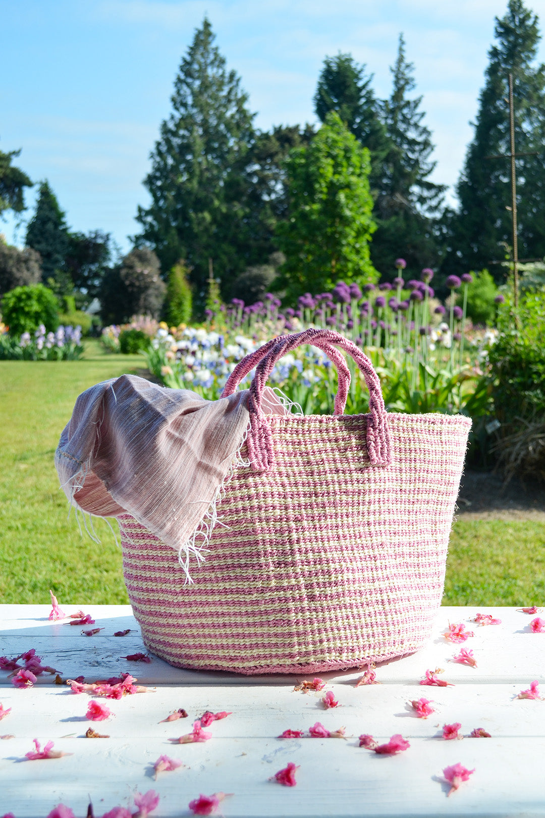 Peony Pink Skinny Stripe Sisal Tote