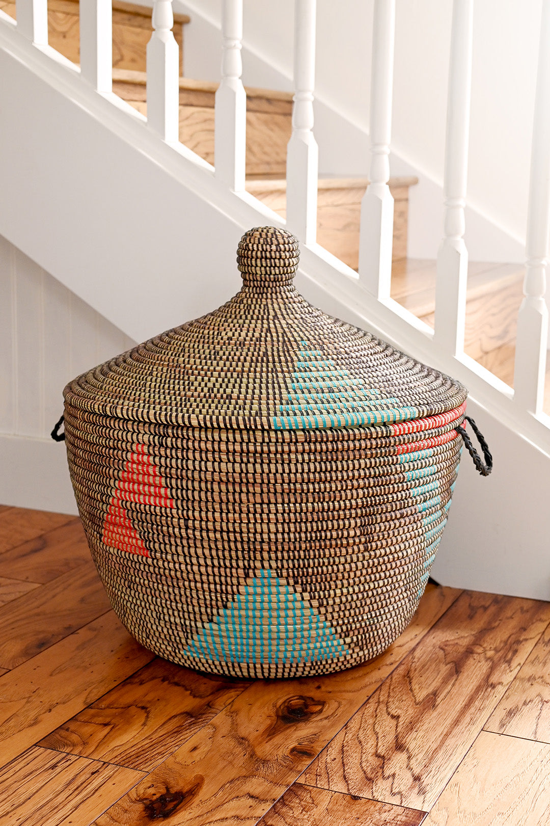 Red and Aqua Short Lidded Basket