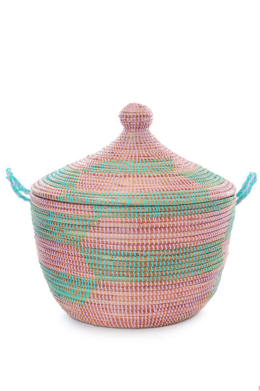 Aqua & Lavender Herringbone Short Lidded Basket