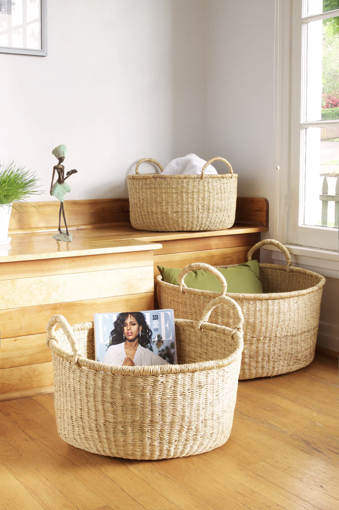 Set of 3 Large Woven Ghanaian Grass Floor Baskets