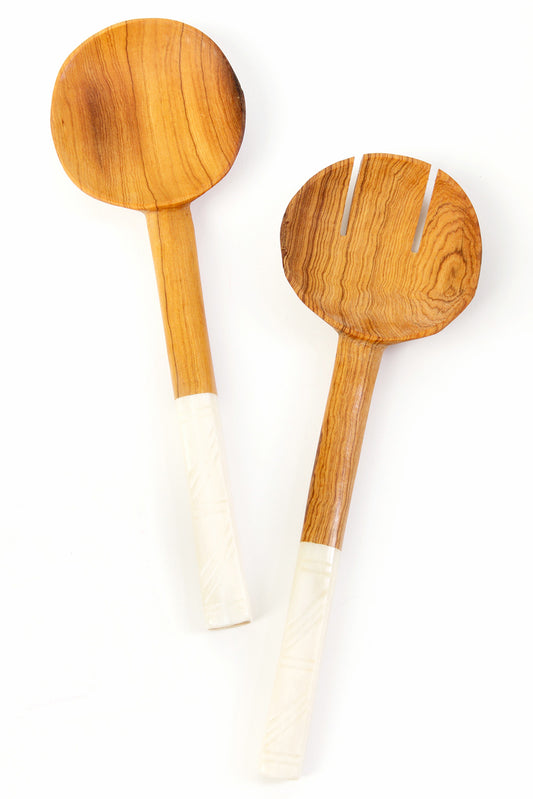 Wild Olive Wood Salad Servers with White Bone Handles