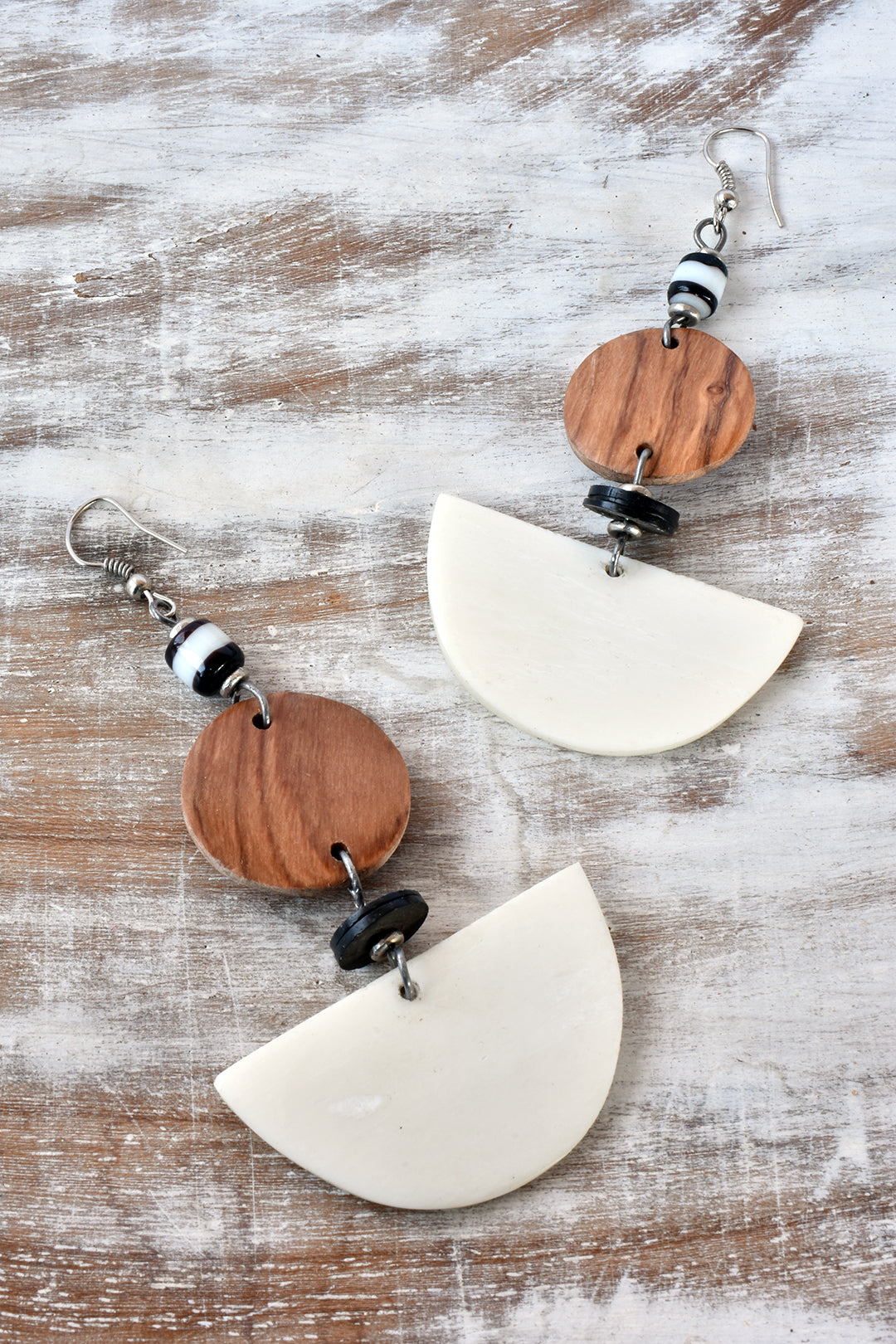 Half Moon Earrings Made from Cow Bone and Wood