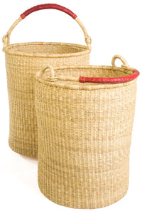 Ghanaian Woven Grass Hamper with Leather Handle (Choose Small, Large, or Set)