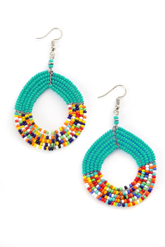 Teal Blue and Rainbow Maasai Celebration Circle Earrings