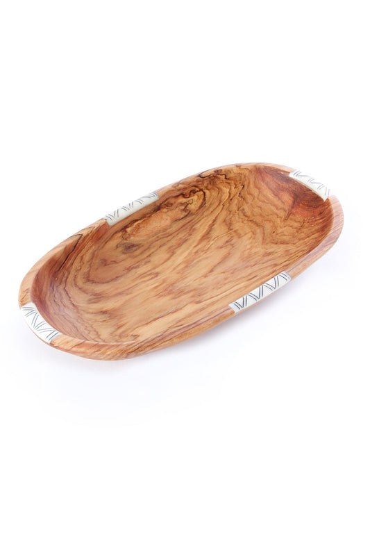 Wild Olive Wood Oval Bowl with Striped Bone Inlay