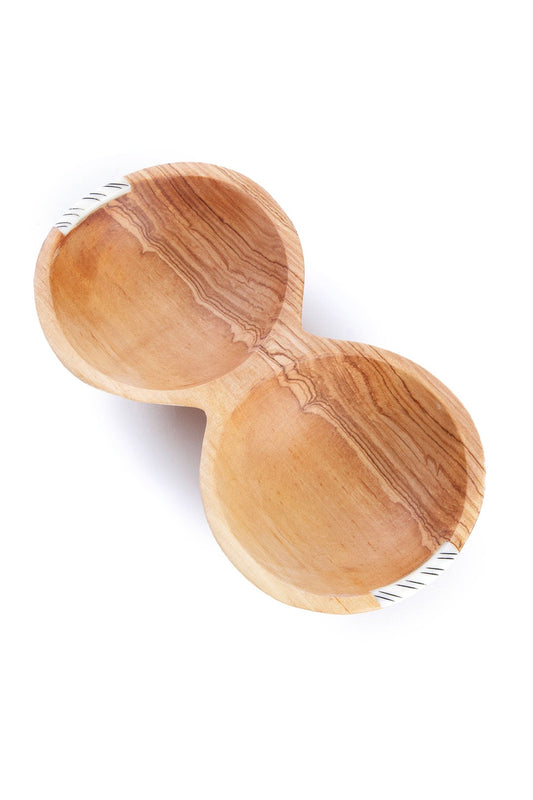 Olive Wood Double Well Serving Bowl with Striped Bone Inlay