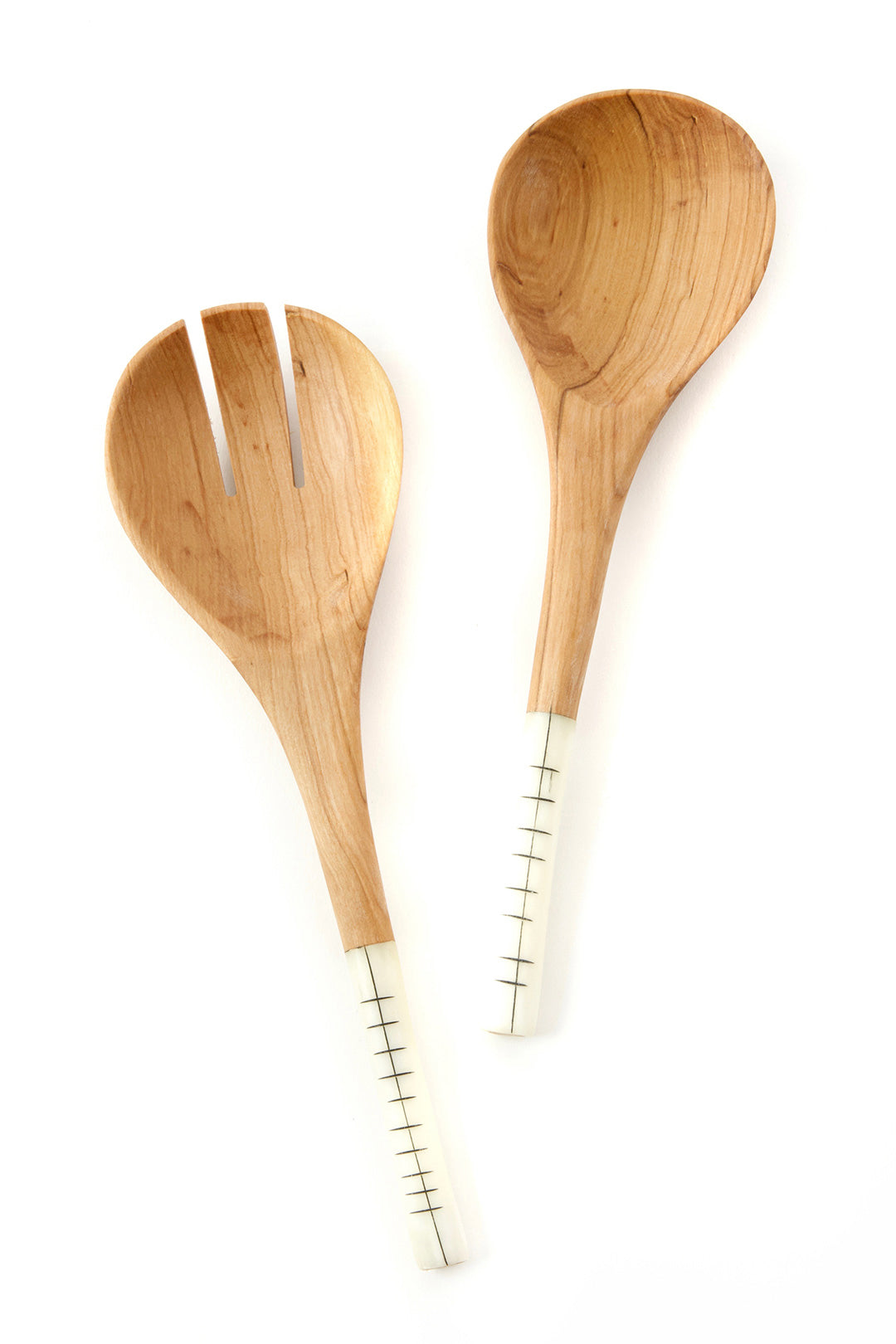 Olive Wood Salad Set with Etched Bone Handles