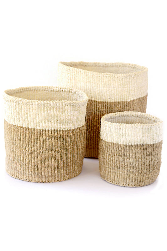 Set of 3 Beige and Cream Twill Sisal Nesting Baskets