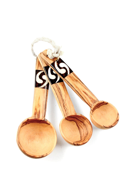 Set of Three Olive Wood Measuring Spoons with Bone Inlay