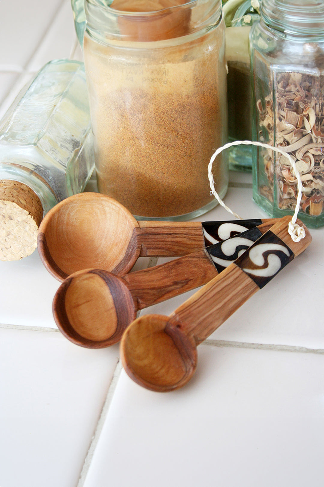 Set of Three Olive Wood Measuring Spoons with Bone Inlay