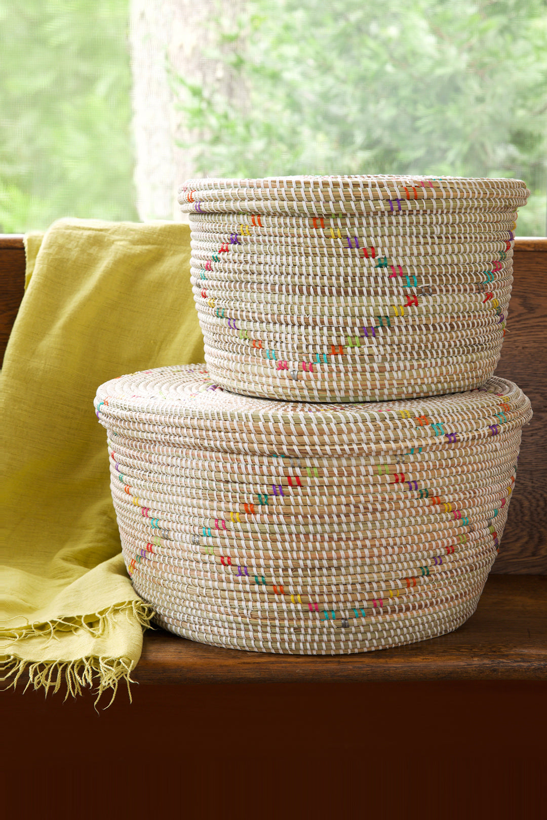 Set/2 White Beachcomber Baskets with Rainbow Prisms