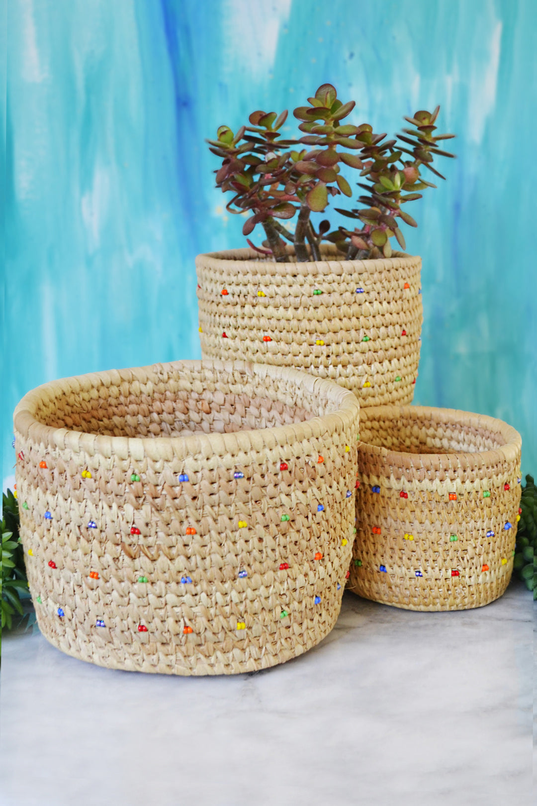 Nomadic Camel Milking Baskets with Rainbow Beaded Dots