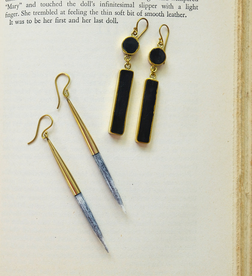 Gray Bone & Brass Javelin Earrings from Kenya