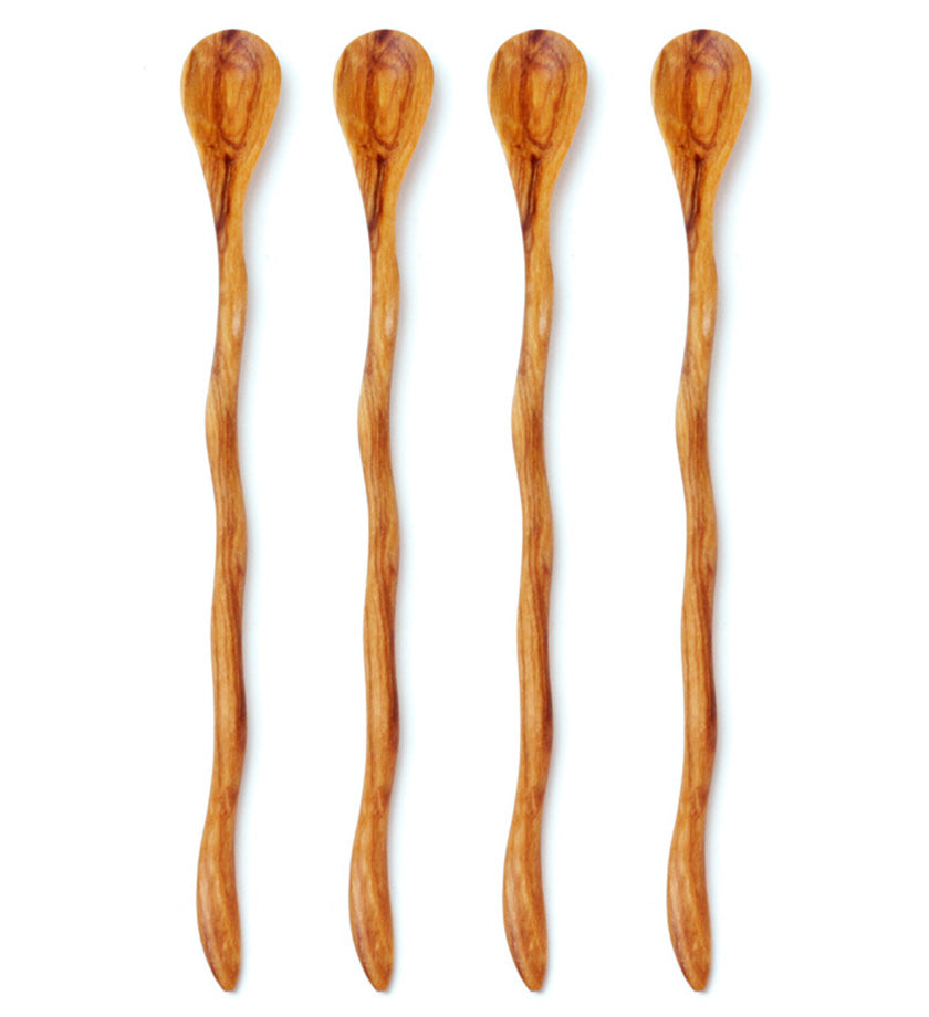 Set of 4 Wild Olive Wood Wavy Cocktail Spoons
