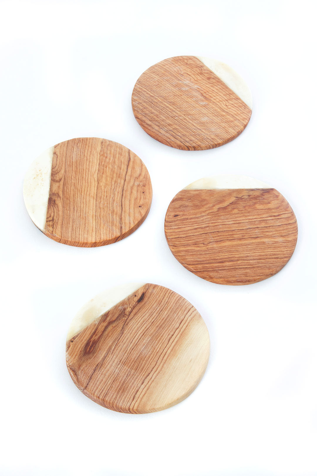 Set of 4 Olive Wood Coasters with White Bone Inlay