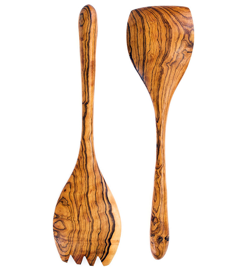 Richly Grained Olive Wood Salad Scoops