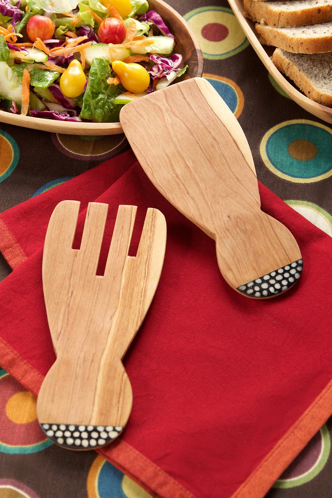 Olive Wood Paddle Salad Servers with Batik Bone Inlay Default Title