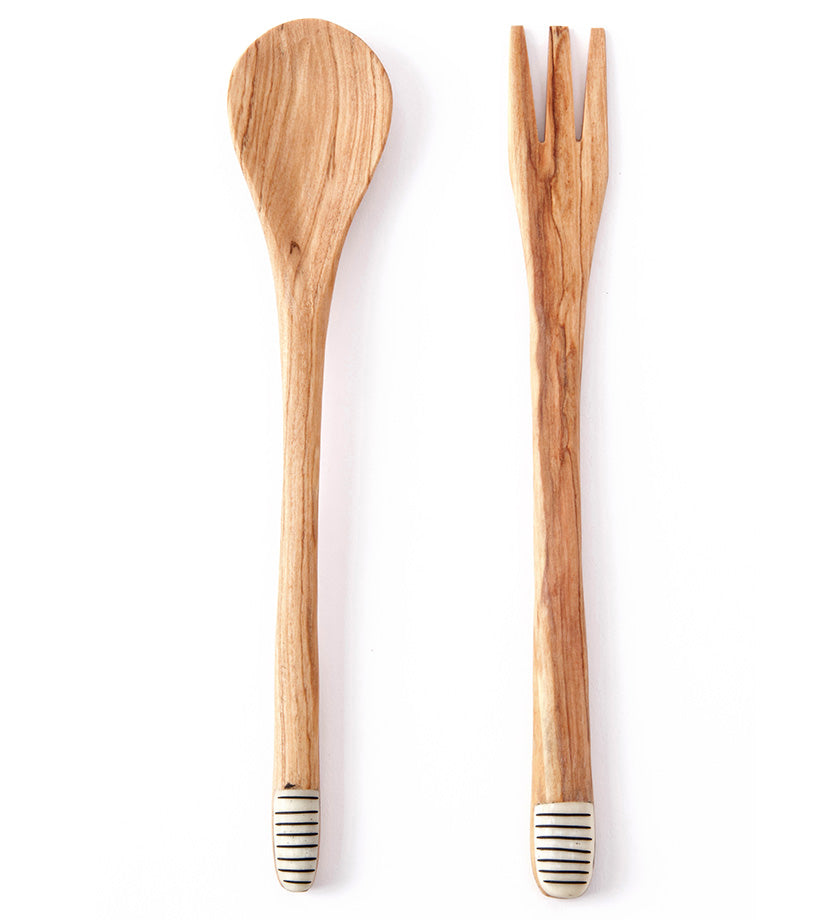 Slender Spoon & Fork Servers with Various Etched Bone Handle Tips