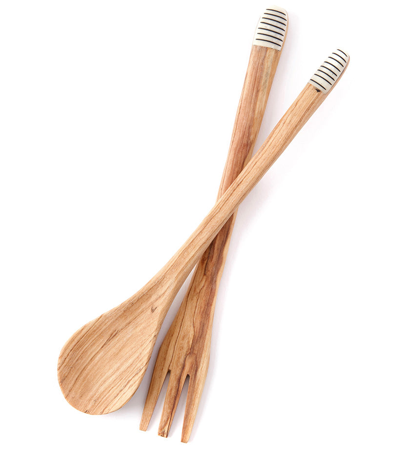 Slender Spoon & Fork Servers with Various Etched Bone Handle Tips