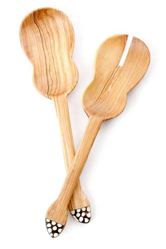 Olive Wood Guitar Salad Servers with Bone Handles