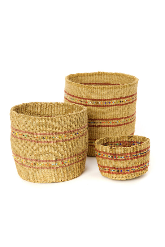 Set/3 Petite Caramel Sisal Baskets with Colorful Beads Default Title