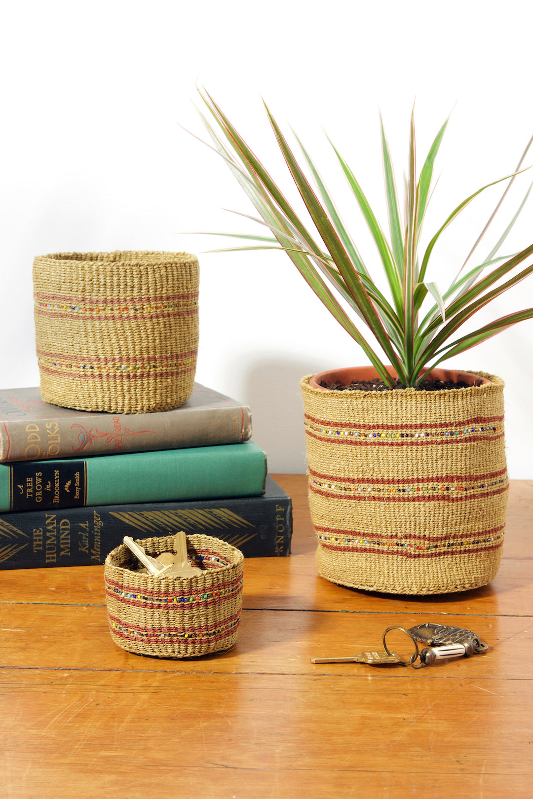 Set/3 Petite Caramel Sisal Baskets with Colorful Beads Default Title